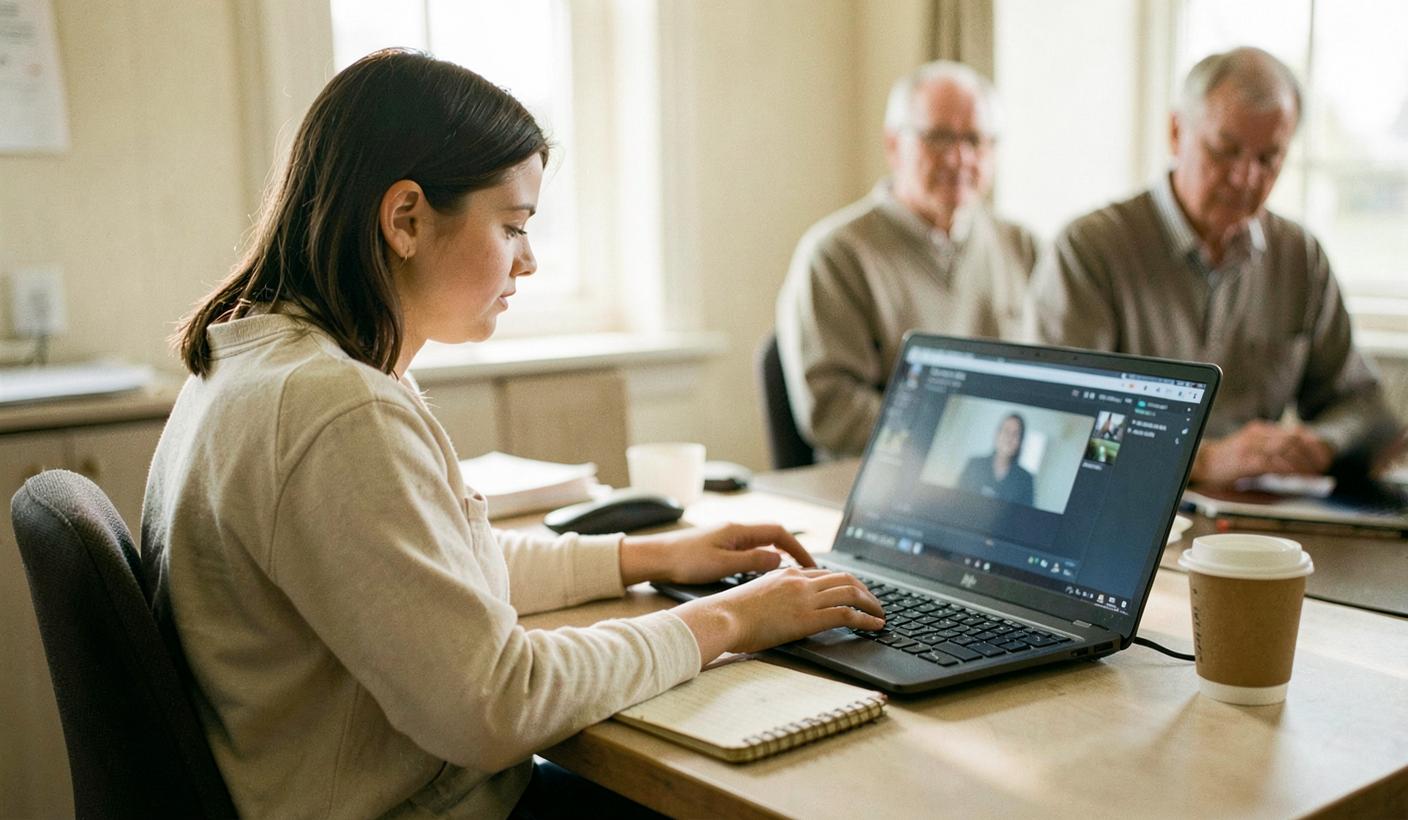 A new sales trainee rehearsing a conversation against an AI practice tool on her laptop in a quiet office