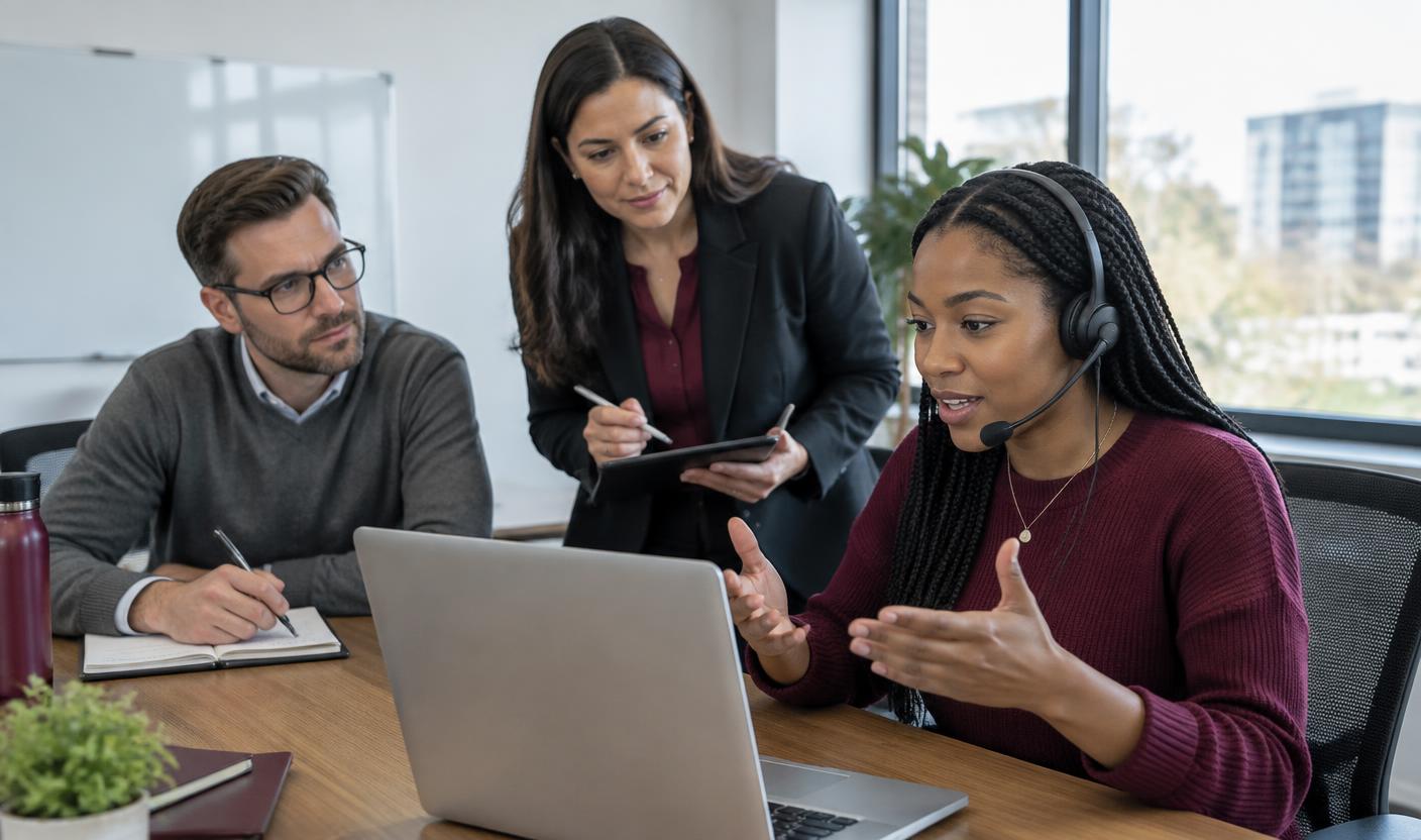 A US sales representative practices a customer conversation while her manager and teammate observe