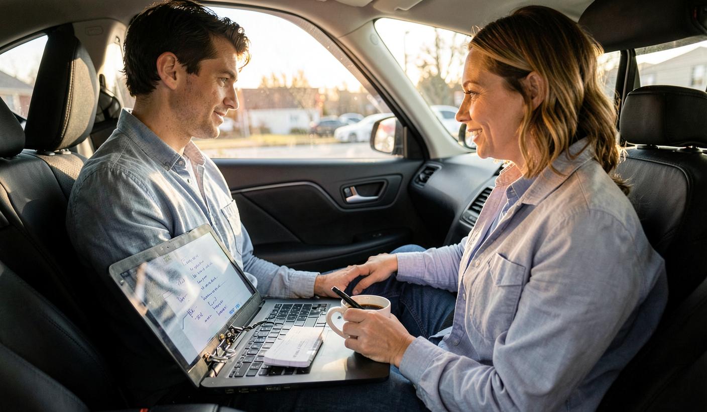Two field sales reps in a parked car between appointments, reviewing an AI roleplay session on a laptop over coffee