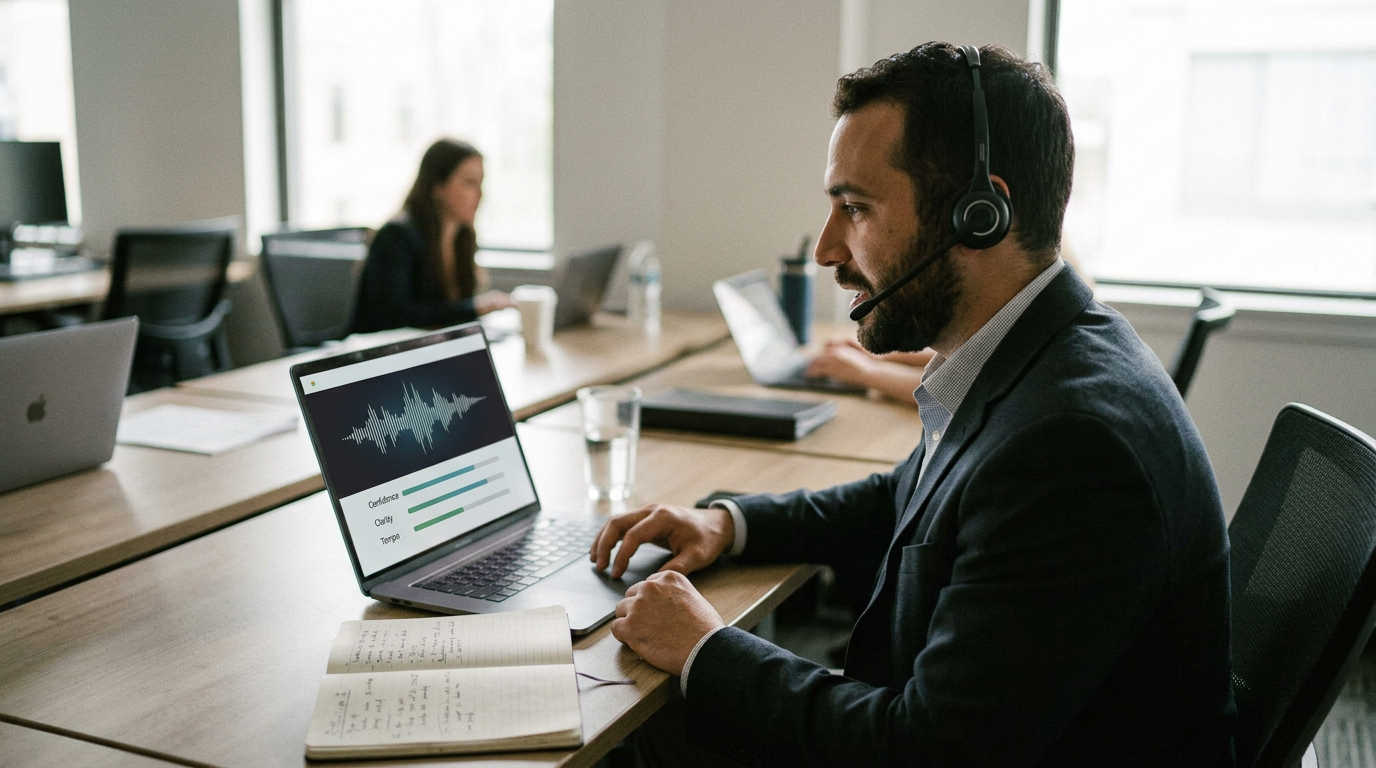 A sales professional rehearsing a conversation with an AI coaching tool on his laptop