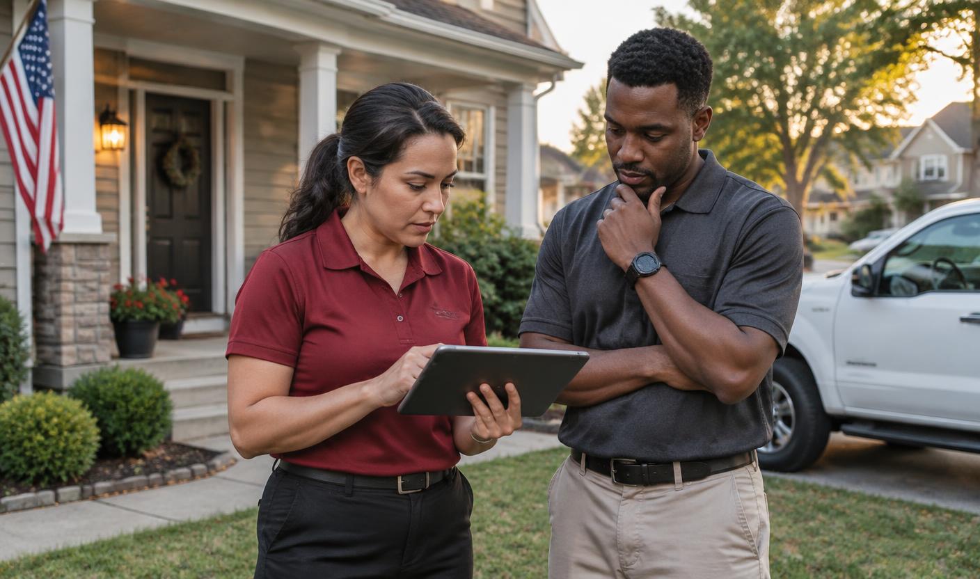 A field sales representative and manager reviewing performance after a residential customer visit