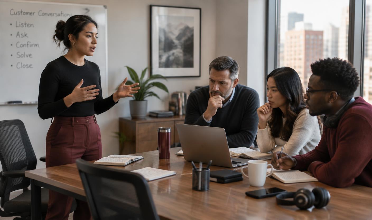 A sales representative rehearsing a customer conversation while colleagues review her performance