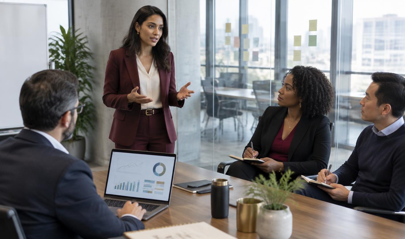 An enterprise sales representative rehearsing a customer conversation while an enablement team reviews her performance