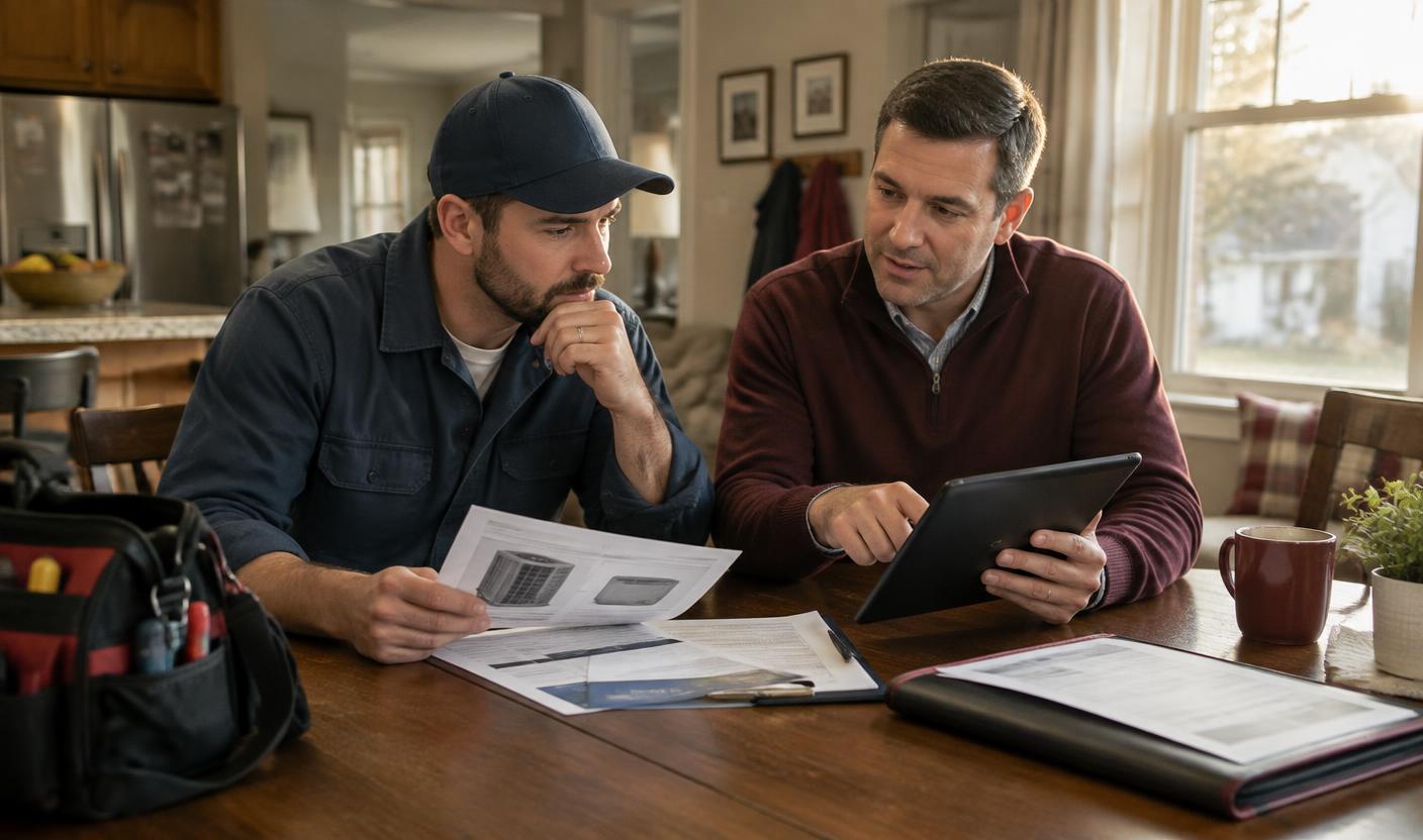 A home-services adviser and manager reviewing an HVAC proposal during a kitchen-table training session