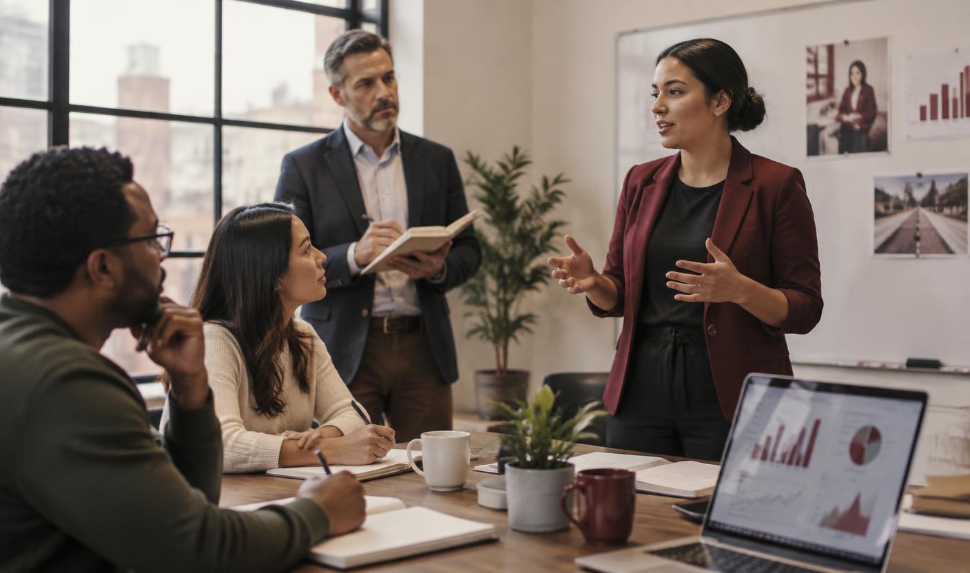 A modern sales representative rehearsing a customer conversation while her manager and teammates observe and take notes