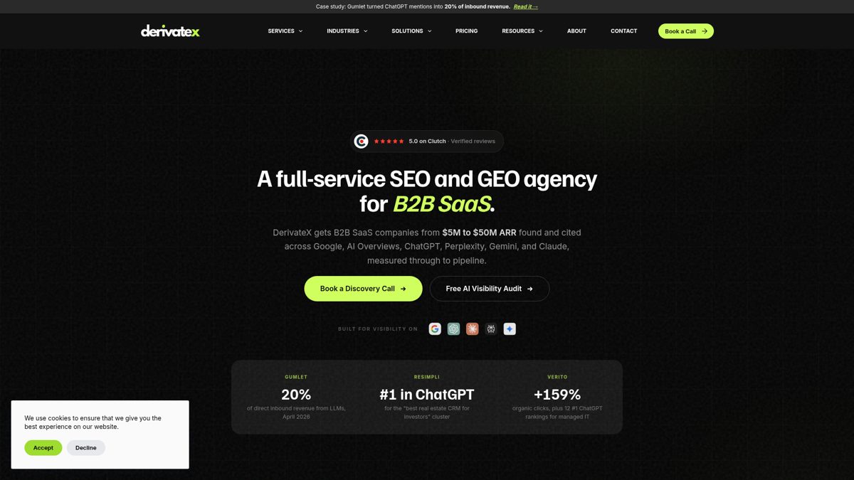 Homepage screenshot of DerivateX, a GEO and ChatGPT SEO agency for B2B SaaS
