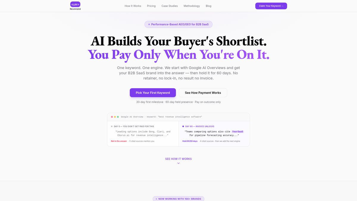 Homepage screenshot of LLM Recommend, showing its pay-on-outcome AI search offer