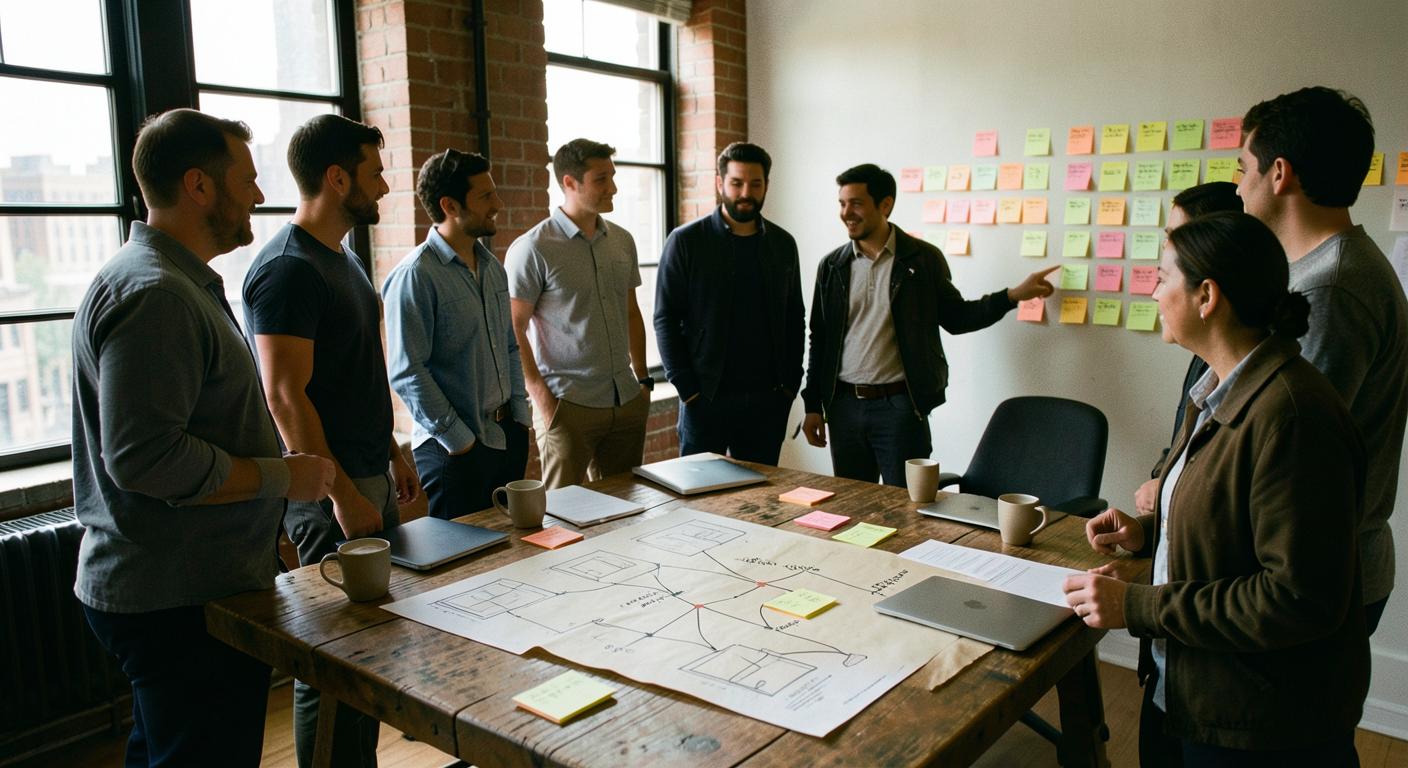 Product leaders standing around a wooden table covered with framework diagrams and a hand-drawn value-chain map