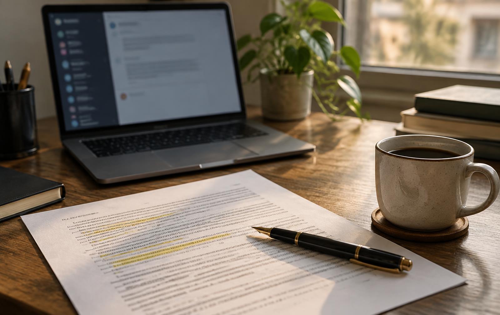 A laptop showing an assistant conversation beside a printed page of highlighted paragraphs, a pen and a cup of coffee on a wooden desk