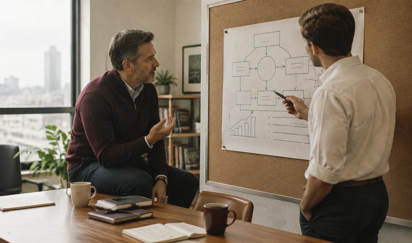 A sales coach and a field representative reviewing a hand-drawn framework diagram pinned to a corkboard in a bright American office