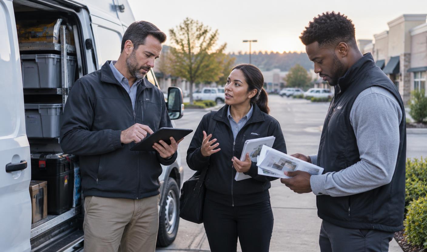 A field sales manager preparing three representatives beside a service van before customer visits