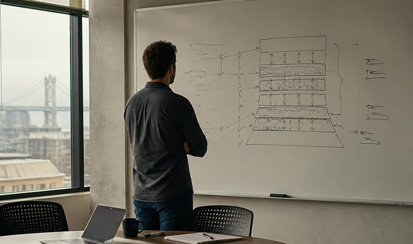 A product leader studying a hand-drawn layered stack diagram on an office whiteboard