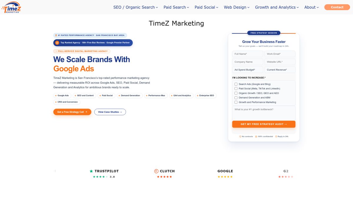 Homepage screenshot of TimeZ Marketing, a San Francisco generative engine optimization agency